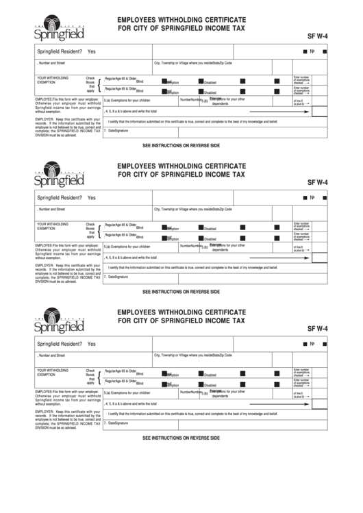 Form Sf W 4 Employees Withholding Certificate For City Of Springfield 