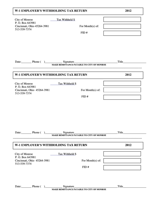 Form W 1 Employer S Withholding Tax Return State Of Ohio 2012 