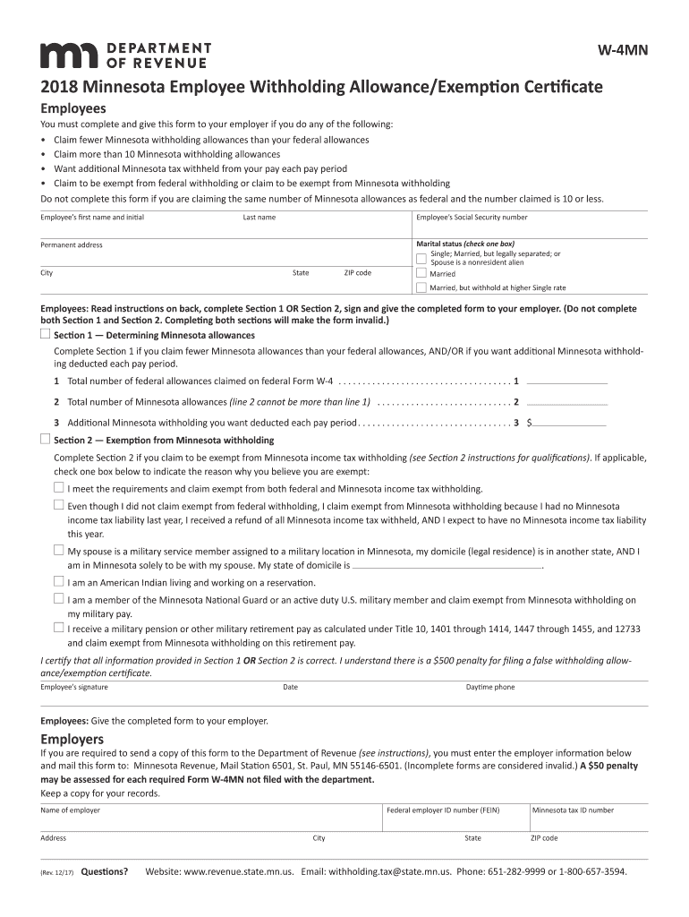 Form W 4MN Minnesota Employee Withholding Allowance Fill Out And