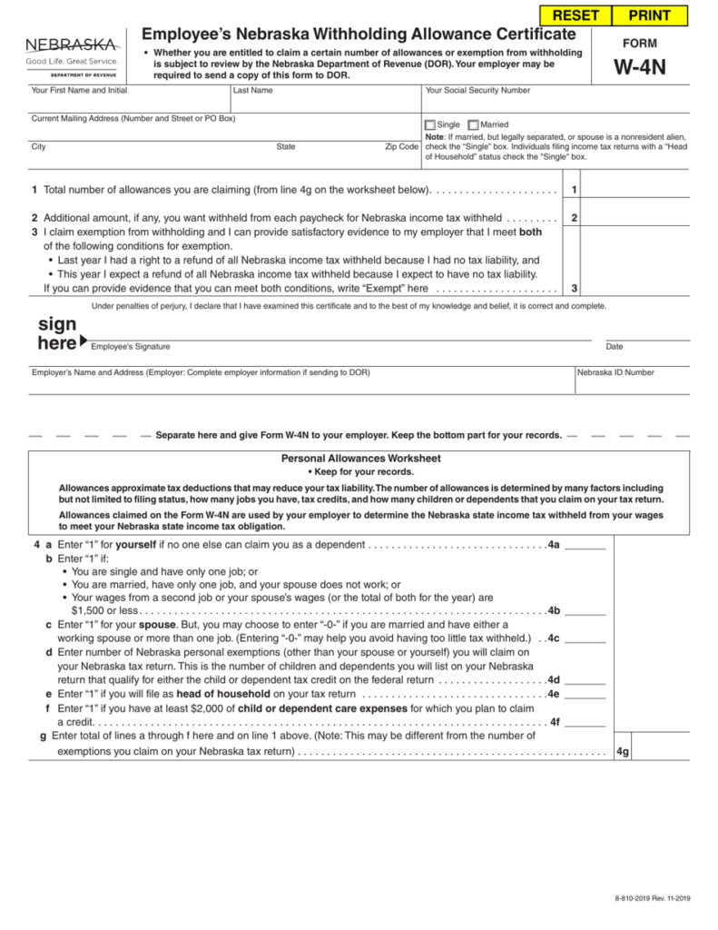 Form W 4N Download Fillable PDF Or Fill Online Employee s Nebraska 