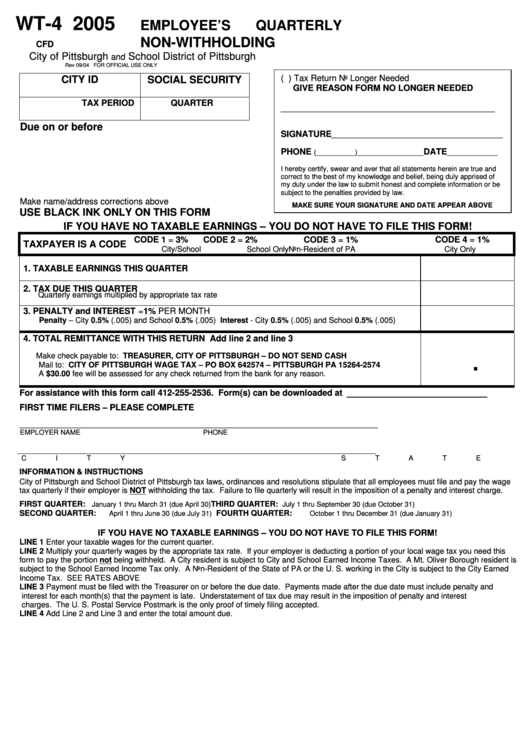 Form Wt 4 Employee S Quarterly Non Withholding 2005 Printable Pdf