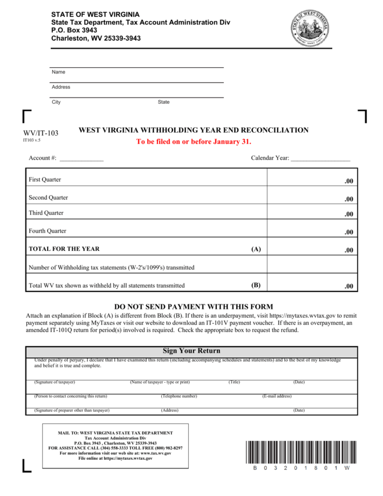 Form WV IT 103 Download Printable PDF Or Fill Online West Virginia 