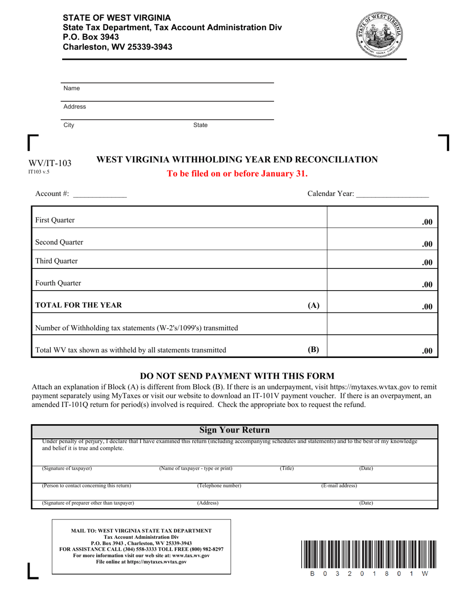 Form WV IT 103 Download Printable PDF Or Fill Online West Virginia