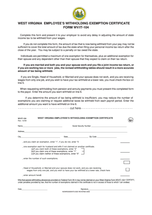 Form Wv it 104 West Virginia Employeee S Withholding Exemption