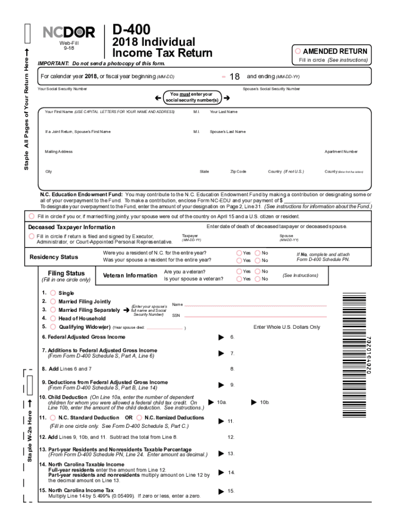 Individual Income Tax Return North Carolina 2017 Fill Out Sign