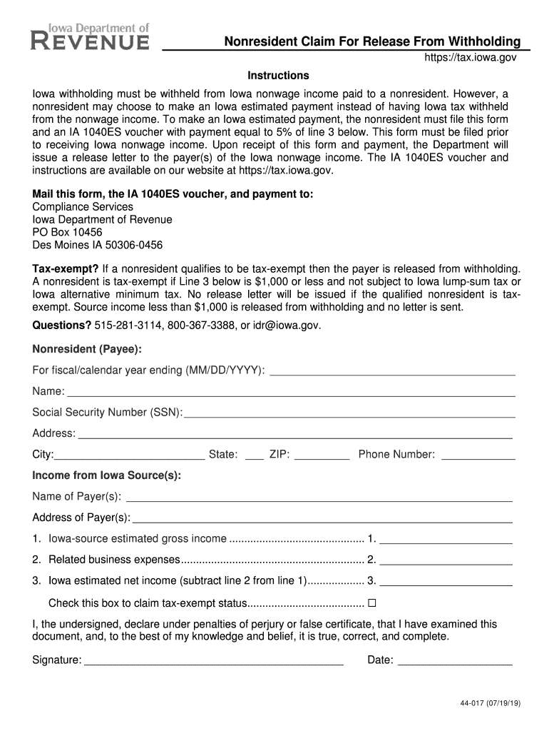 Iowa Withholding Form 2019 Fill Out Sign Online DocHub