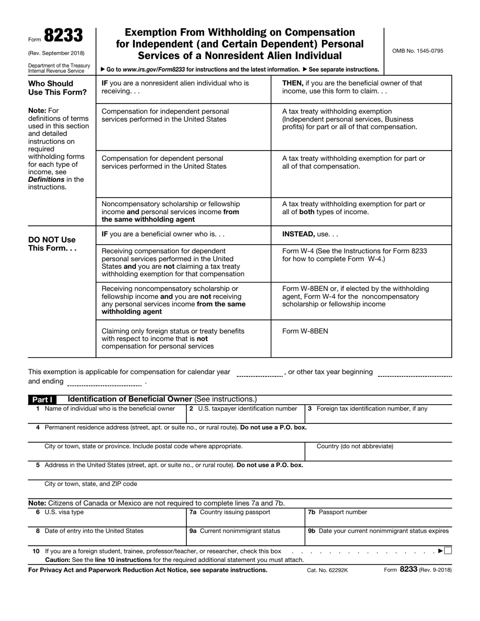 IRS Form 8233 Download Fillable PDF Or Fill Online Exemption From 