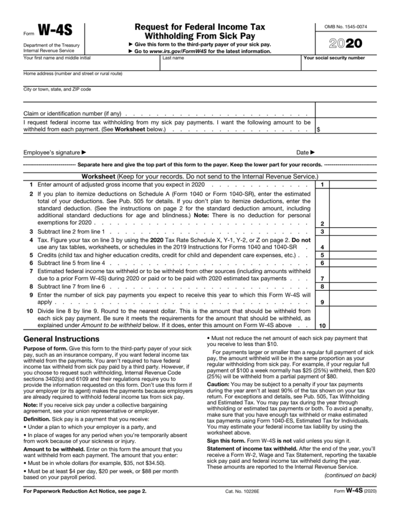 IRS Form W 4S Download Fillable PDF Or Fill Online Request For Federal 