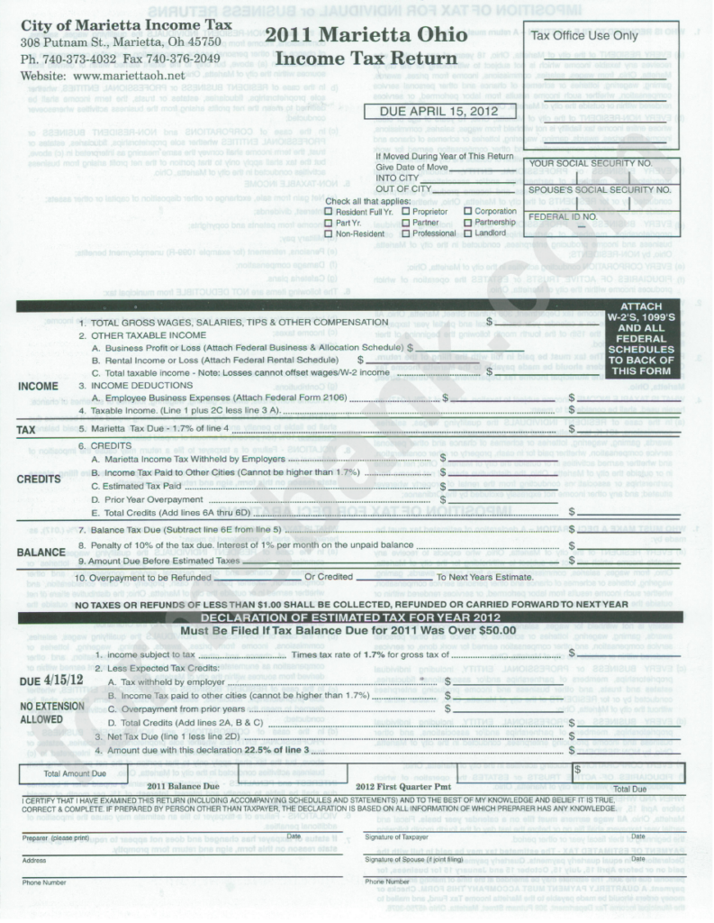 Marietta Ohio Income Tax Return Form 2011 Printable Pdf Download