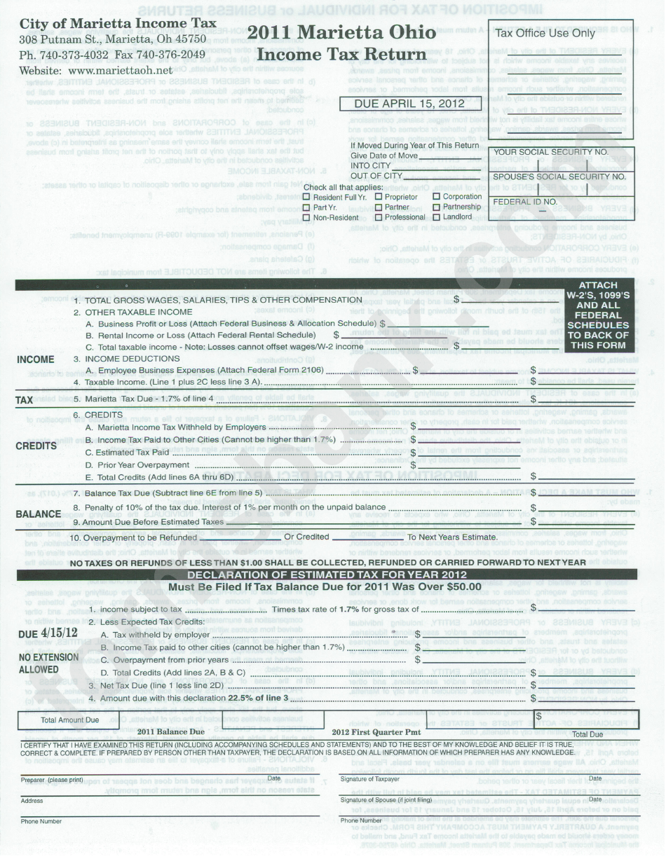 Marietta Ohio Income Tax Return Form 2011 Printable Pdf Download