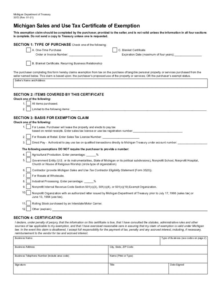 Michigan Certificate Of Tax Exemption From 3372 Fill Out Sign Online 