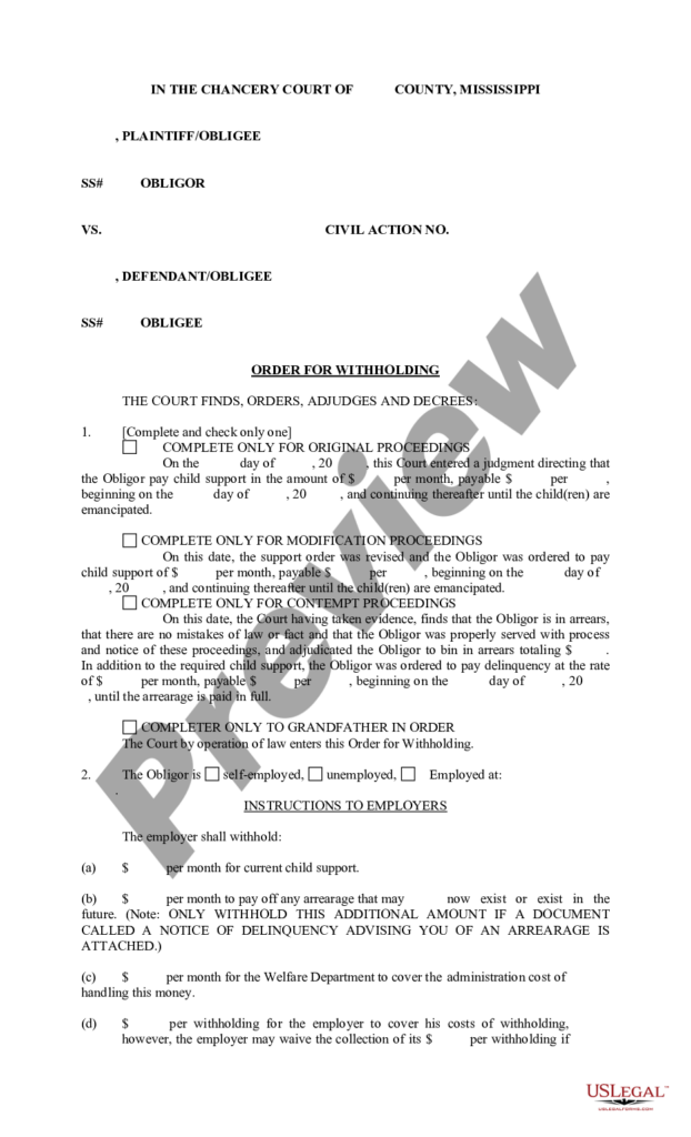 Mississippi Order For Withholding Mississippi Withholding US Legal 