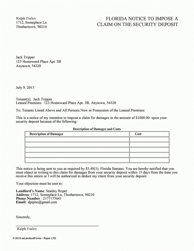 Printable Florida Notice To Impose A Claim On The Security Deposit