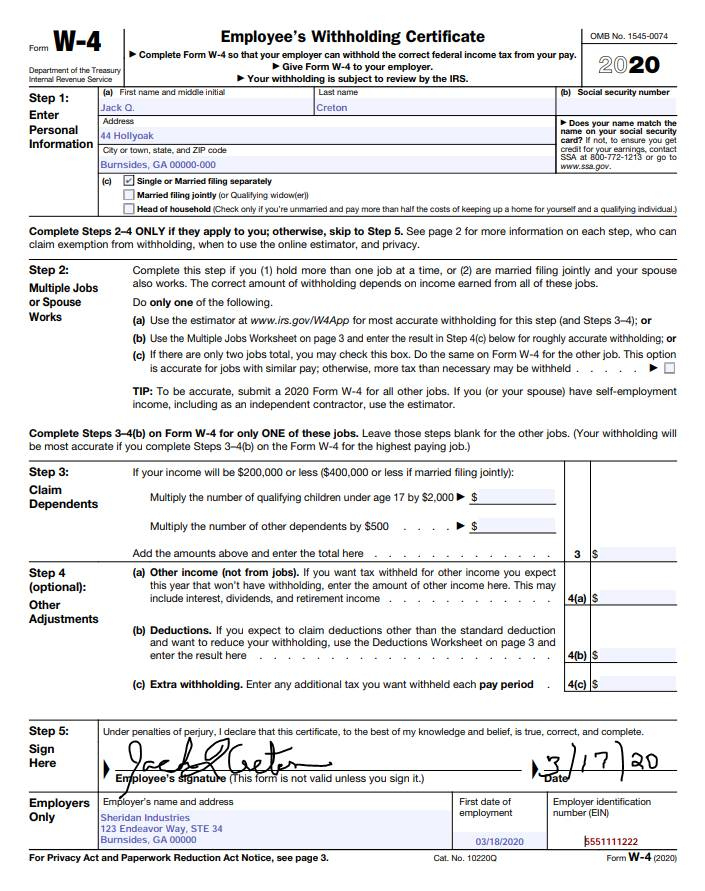 Sample W 4 Form Completed 2022 W4 Form