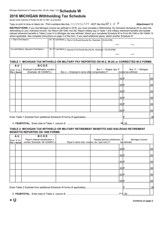 Schedule W Michigan Withholding Tax Schedule 2016 Printable Pdf 