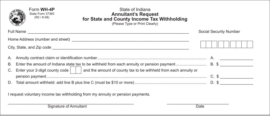 State Form 37365 WH 4P Download Fillable PDF Or Fill Online Annuitant