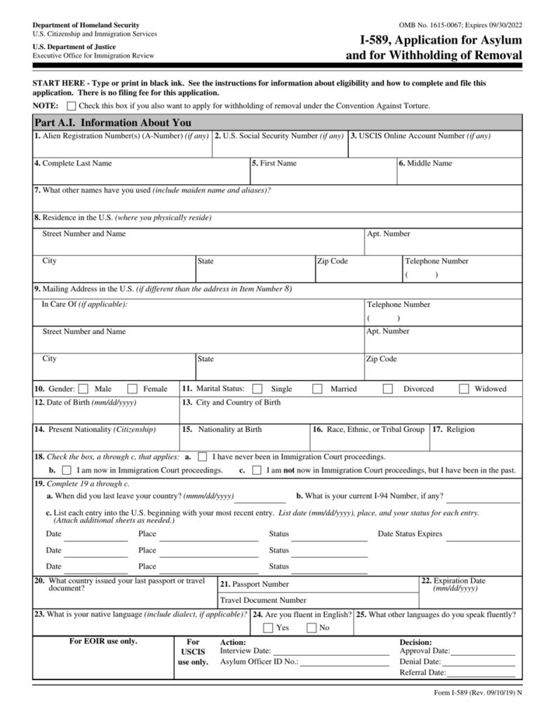 USCIS Form I 589 Download Fillable PDF Or Fill Online Application For 