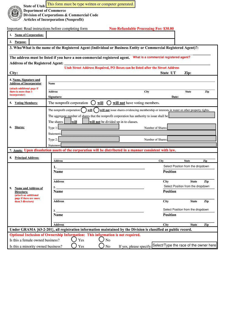 Utah Articles Incorporation Nonprofit Fill Out Sign Online DocHub