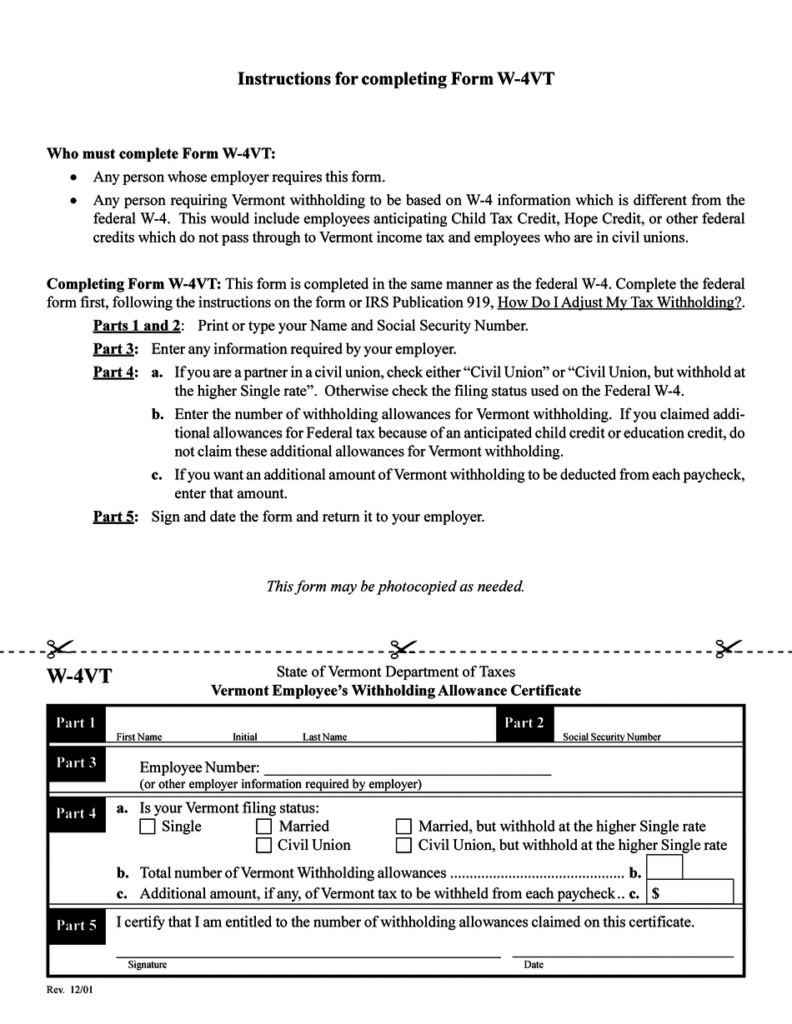 W 4VT 2024 Printable Form Vermont Employee s Withholding Allowance 