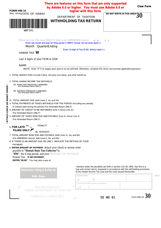 Fillable Form Hw 14 Hawaii Withholding Tax Return Printable Pdf Download