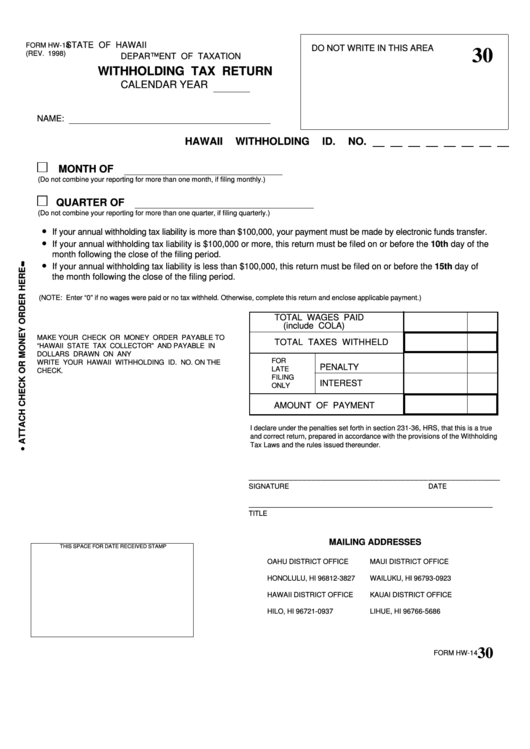 Fillable Form Hw 14 Withholding Tax Return Hawaii Department Of