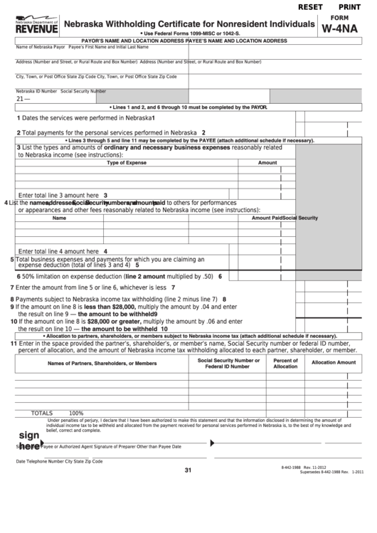 Fillable Form W 4na Nebraska Withholding Certificate For Nonresident