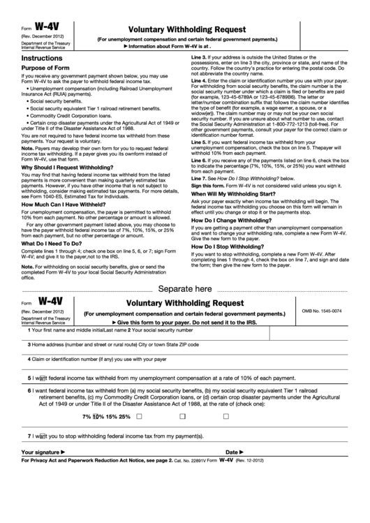 Fillable Form W 4v Voluntary Withholding Request Printable Pdf Download