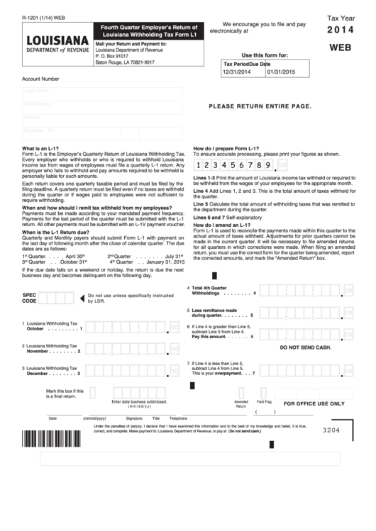 Fillable Fourth Quarter Employer S Return Of Louisiana Withholding Tax 