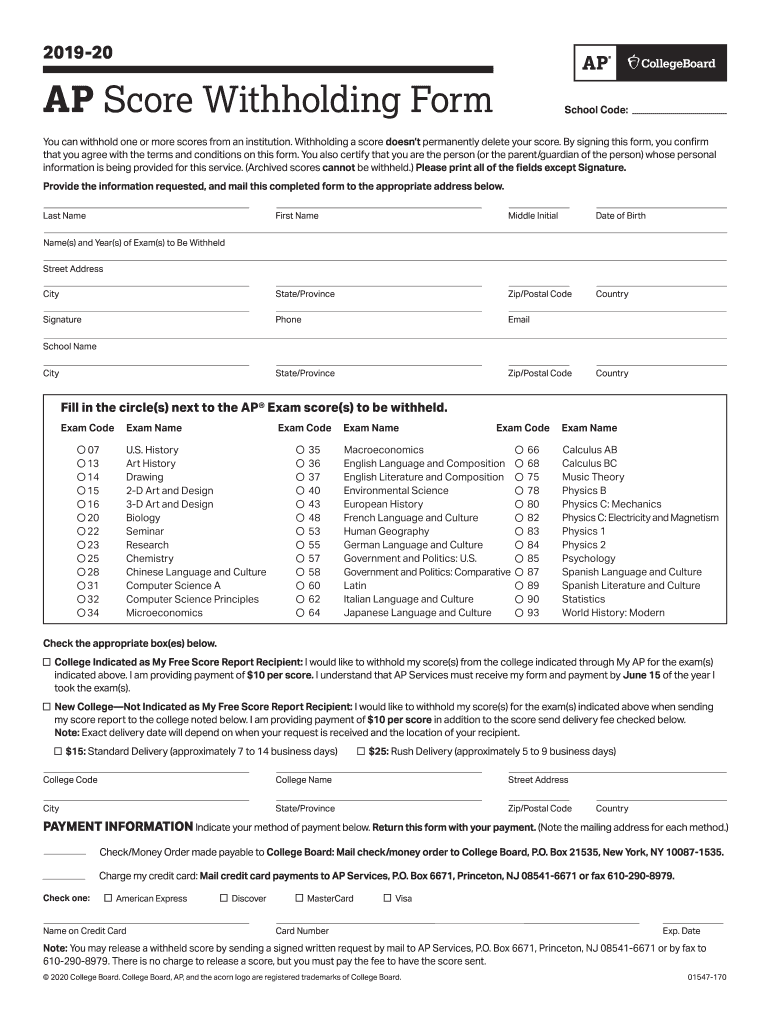 Fillable Online AP Score Withholding Form 2019 2020 AP Student Service