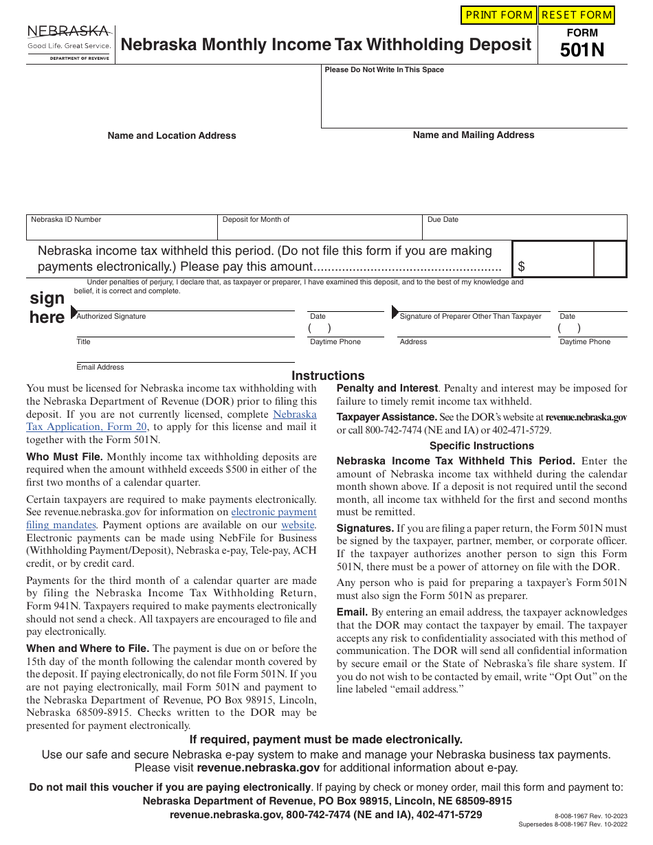 Form 501N Download Fillable PDF Or Fill Online Nebraska Monthly Income 