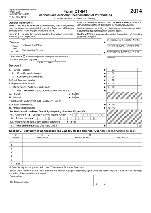 Form Ct 941 Connecticut Quarterly Reconciliation Of Withholding 