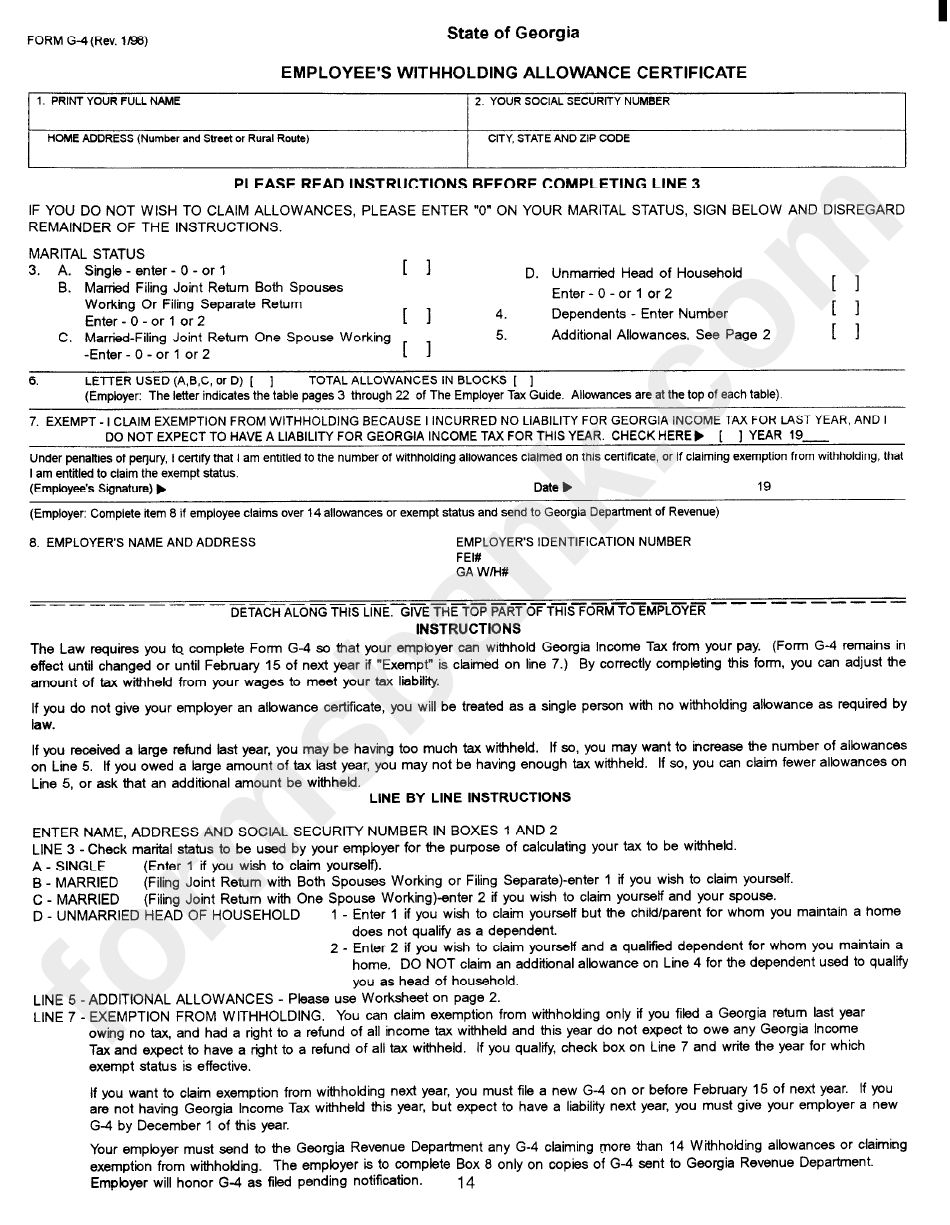 Form G 4 Employee S Withholding Allowance Certificate Printable Pdf