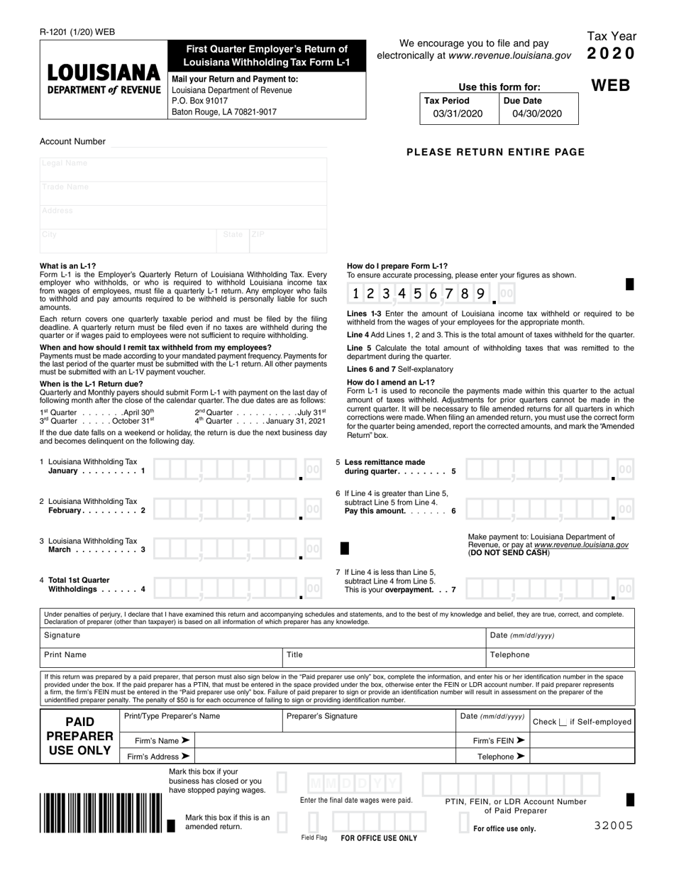 Form L 1 R 1201 Download Fillable PDF Or Fill Online First Quarter