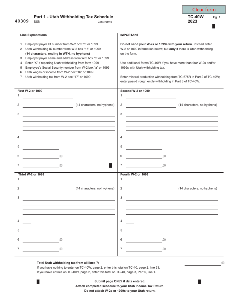 Form TC 40W Download Fillable PDF Or Fill Online Utah Withholding Tax 