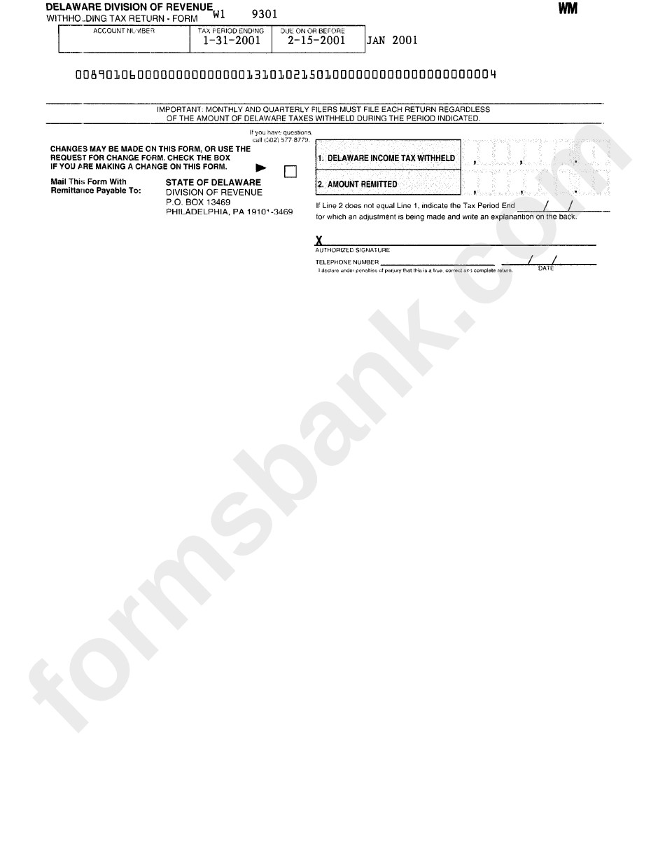 Form W1 Withholding Tax Return Delaware Division Of Revenue