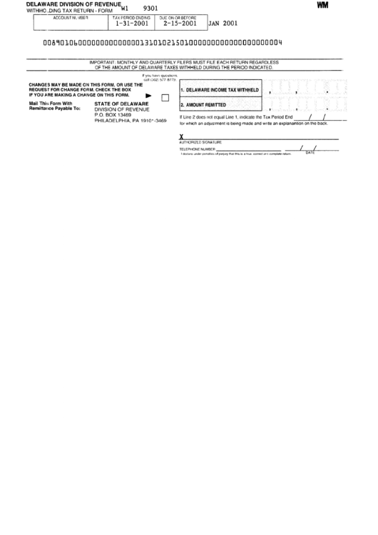 Form W1 Withholding Tax Return Delaware Division Of Revenue 