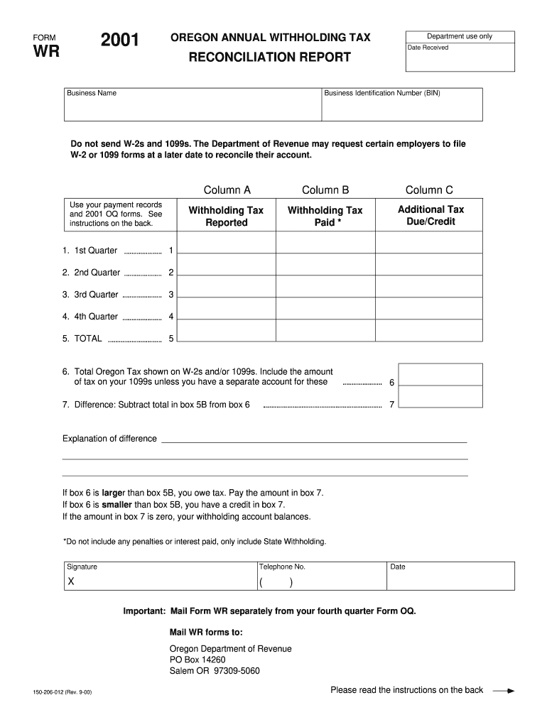 Form Wr Oregon Annual Withholding Tax Reconciliation Report Printable 