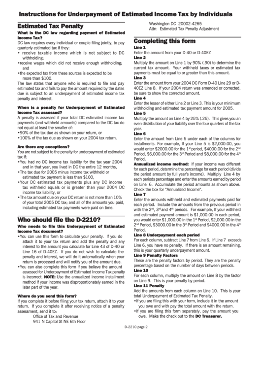 Instructions For Form D 2210 Underpayment Of Estimated Income Tax By 