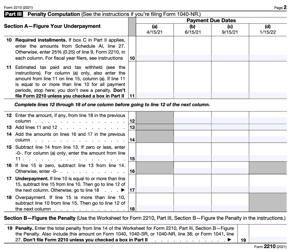 IRS Form 2210 Instructions Underpayment Of Estimated Tax