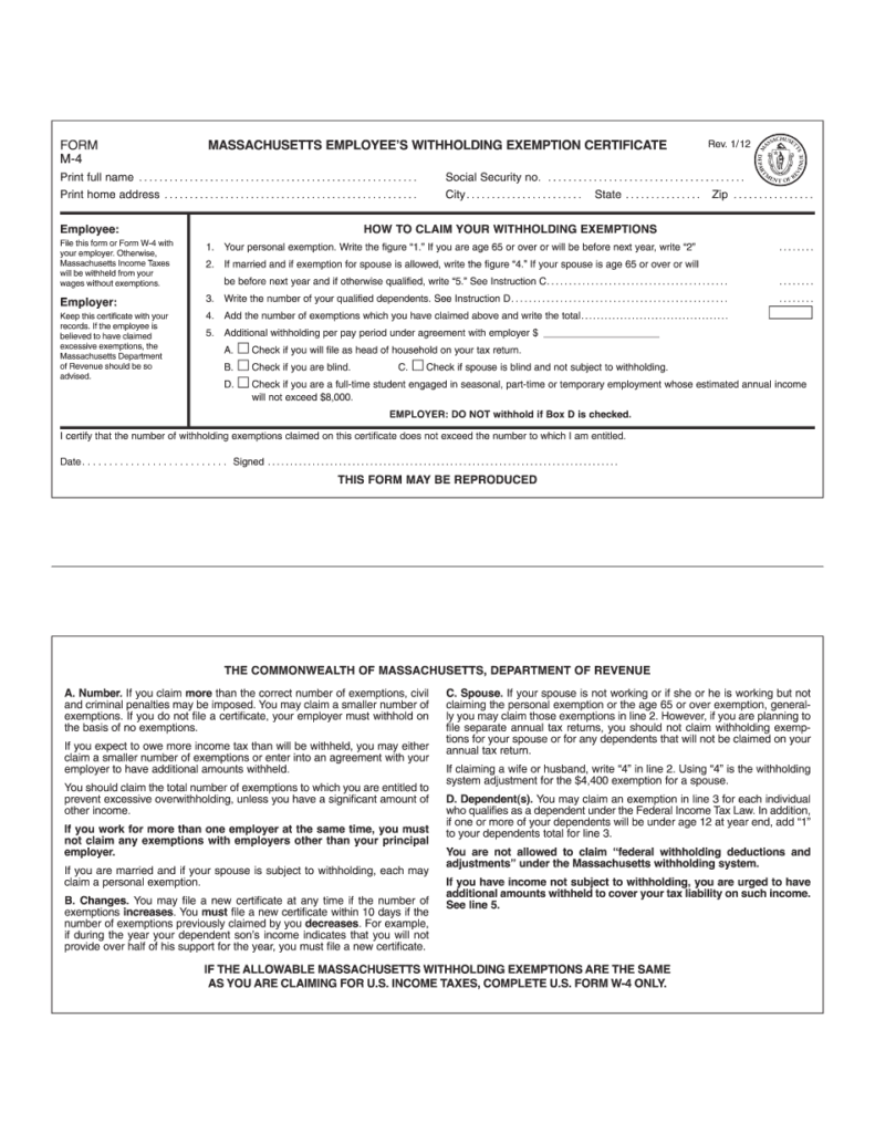 MA M 4 2024 Tax Printable Form Massachusetts EE Withholding Exemption 