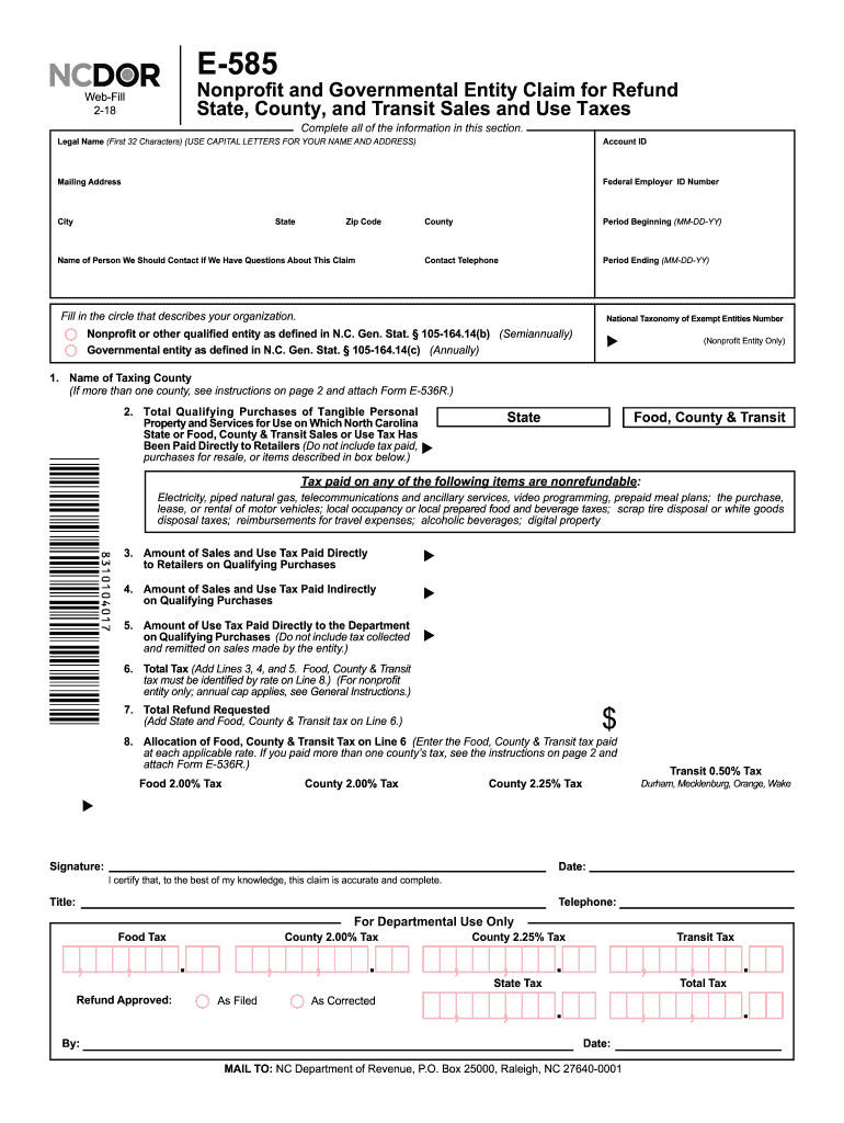 NC E 585 2018 Fill Out Tax Template Online US Legal Forms